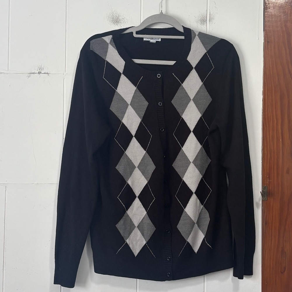Croft & Barrow Womens Argyle Cardigan Sweater Black Grey Button Front Size L